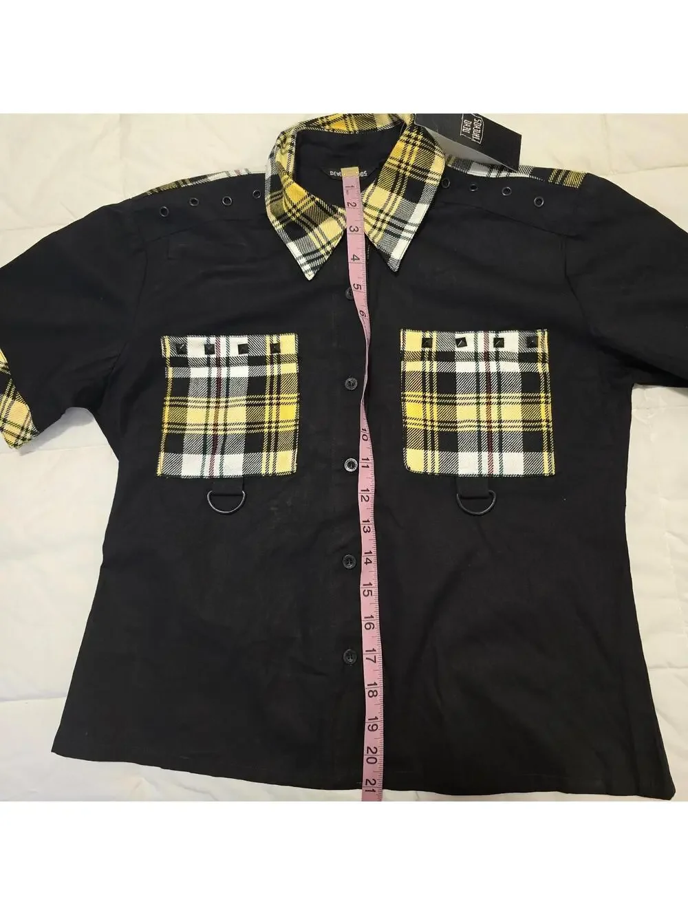Dead Threads Women's Black Yellow Tartan Plaid Punk Blouse Sz M Collared Alt - Picture 11 of 12